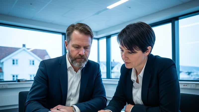 Tillitsvalgt og HR-leder i Stavanger gjennomgår tariffavtaledokument ved kontorbord, kaldt fluorescerende lys, fokusert forhandlingsøyeblikk