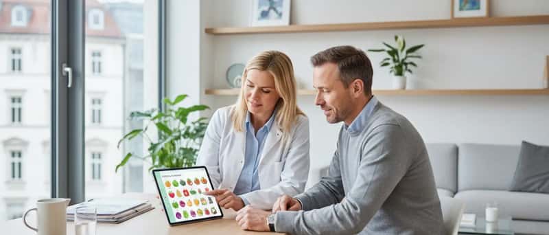 Ernährungsberaterin zeigt einem Patienten einen Ernährungsplan auf einem Tablet in einer Arztpraxis