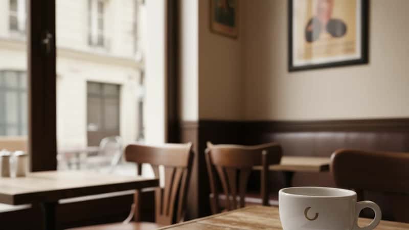 Paycheck stub on a diner table next to a coffee cup in a New York diner, showing hourly wage line, natural window light