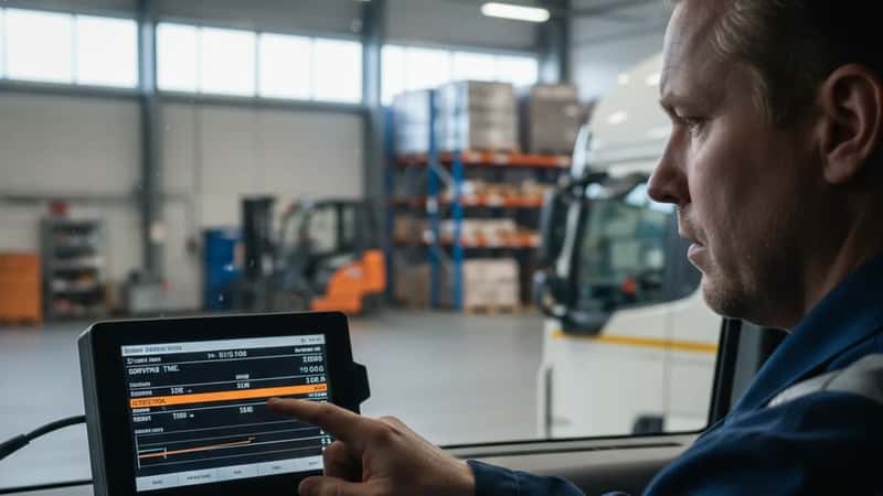 Tamperelainen kuorma-autonkuljettaja tarkistaa digitaalisen ajopiirturin tietoja — ylityökorvausten laskenta edellyttää tarkkaa ajo- ja odotusaikojen kirjausta