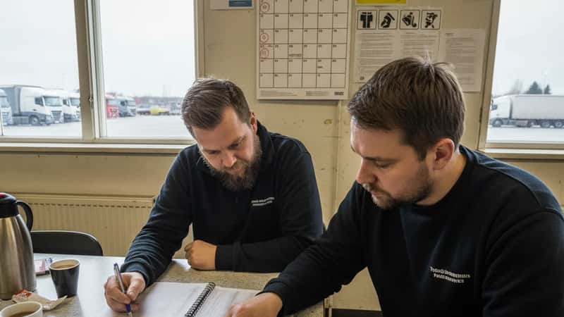 Tampereen tavaraterminaalin taukotilassa kaksi suomalaista kuorma-autonkuljettajaa vertailee työtuntikirjauksia TES-sopimustekstin kanssa — luottamusmies voi auttaa selvittämään ylityökorvauskiistat