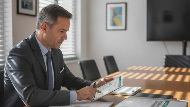 Auditeur OPCO à Toulouse examinant une liste de contrôle de conformité sur tablette dans une salle de réunion