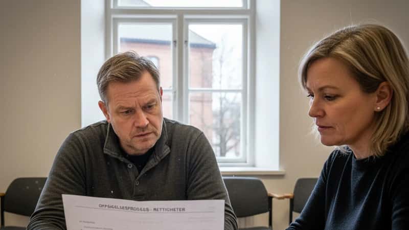 Norsk hotellansatt gjennomgår oppsigelsesprosessens rettigheter med tillitsvalgt i Trondheim