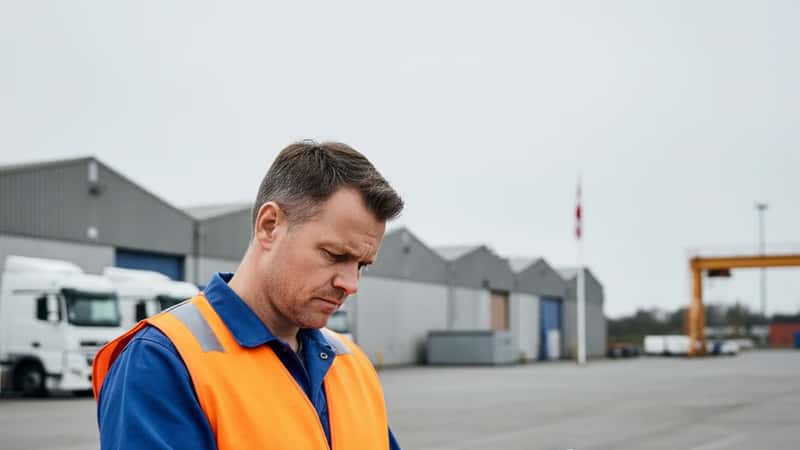 Chauffør i orange sikkerhedsvest ved lastbil i Esbjerg godsterminal kontrollerer køretidslog på clipboard