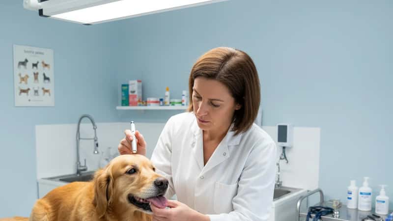 Vétérinaire examinant un chien haletant dans une clinique de Bordeaux pour évaluer un coup de chaleur estival