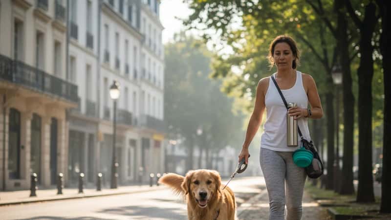 Propriétaire de chien en promenade matinale à Nantes avec eau fraîche et gamelle portable pour prévenir la déshydratation estivale