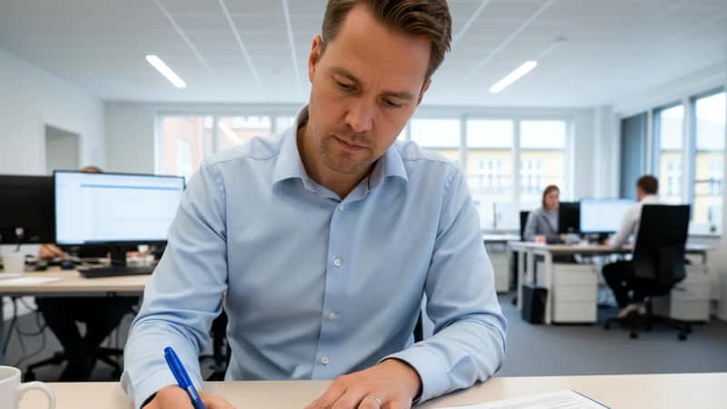 HR-chef i Odense annoterer tjekliste over overenskomstpunkter ved kontor