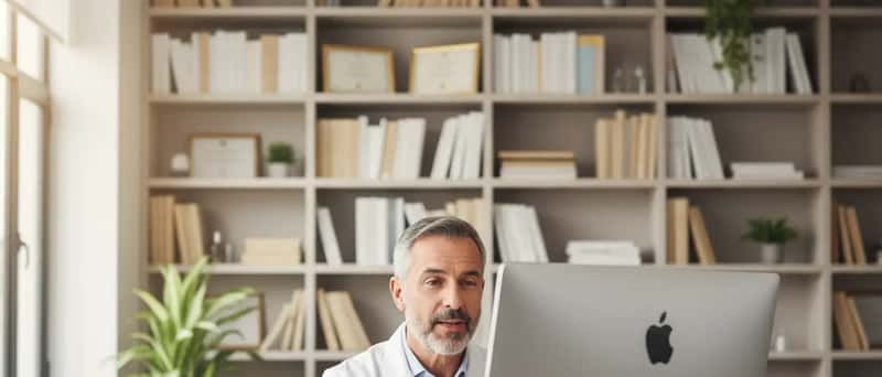Médecin généraliste français en téléconsultation depuis son cabinet, parlant face à sa webcam