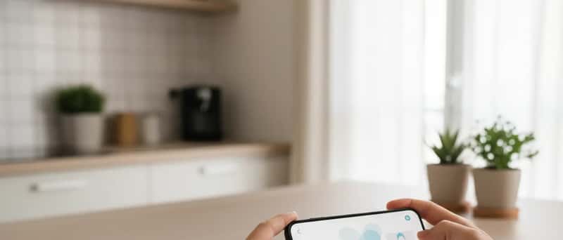 Patiente préparant sa téléconsultation avec smartphone, carte Vitale et médicaments sur une table