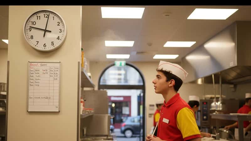 Teenager in a fast food uniform near a wall clock in a Huntsville Alabama restaurant break area checking break schedule