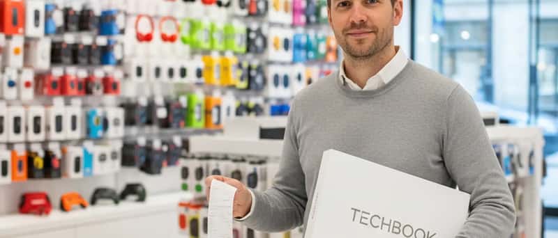 Kund som jämför elektronikpriser på surfplatta i en svensk elektronikbutik