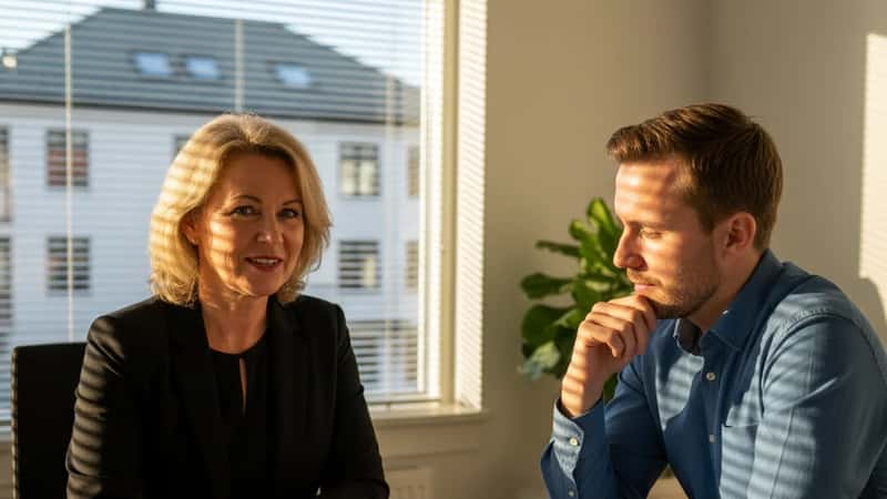 Pensjonskonsulent presenterer fremskrivningsgrafer for ingeniørklient i møterom i Bodø