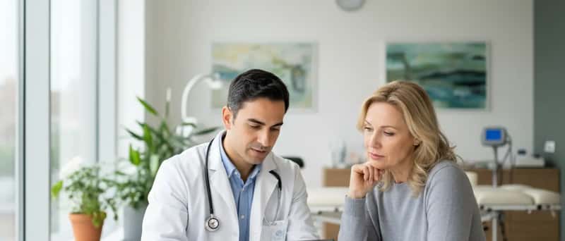 Medico italiano in camice bianco che consulta un paziente in una clinica moderna, analizzando risultati di screening su un tablet