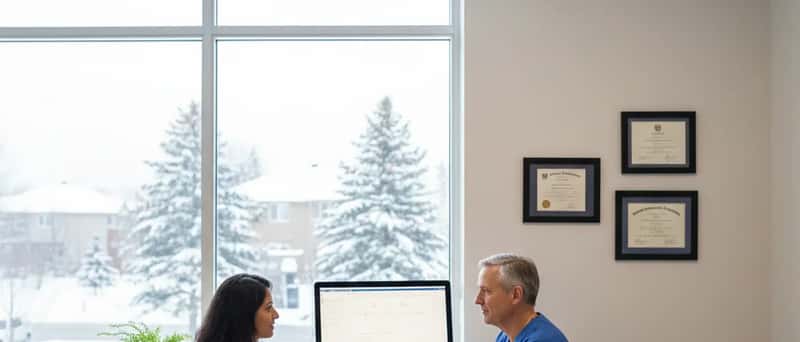 South Asian Canadian woman consulting with a family doctor at a modern clinic in suburban Ontario