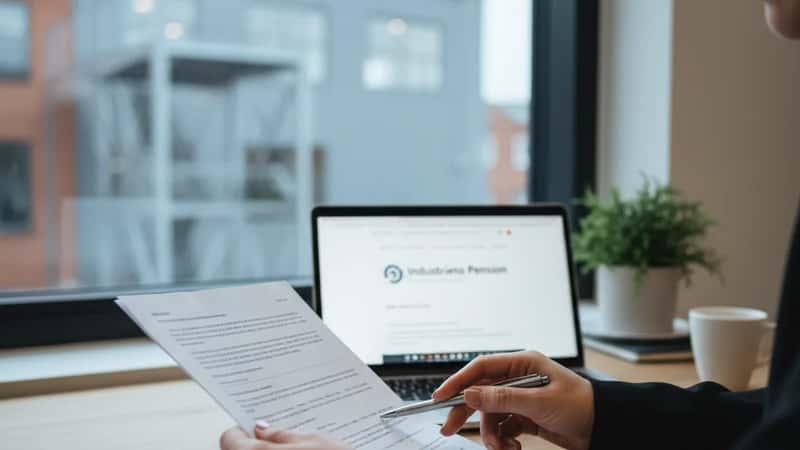 Dansk kvinde i et Aarhus industrikontor gennemgår pensionsdokumenter ved et skrivebord med laptop åben til Industriens Pensions selvbetjeningsportal
