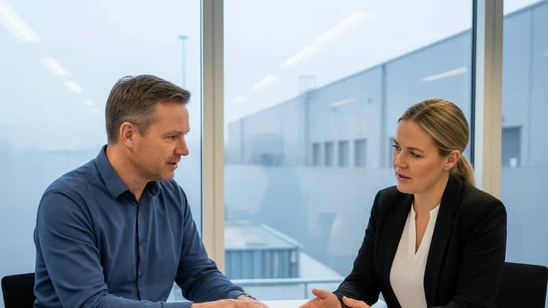 HR-medarbejder og funktionær i et Herning industrikontor diskuterer forsikringsdokumentation ved et mødebord med pensionsbrochurer og formularer