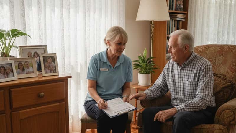Aged care support worker conducting a home assessment with an elderly Australian man in a suburban Brisbane living room
