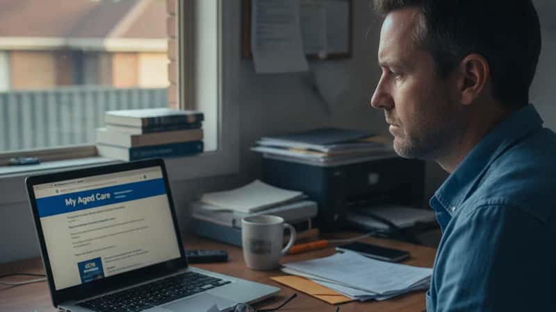 Australian man researching Support at Home Programme options on a laptop in a western Sydney home office