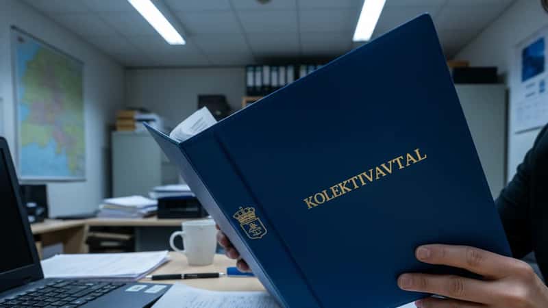Händer som håller ett kollektivavtal med markerad lönetabell och räknemaskin på ett fackligt kansli i Malmö