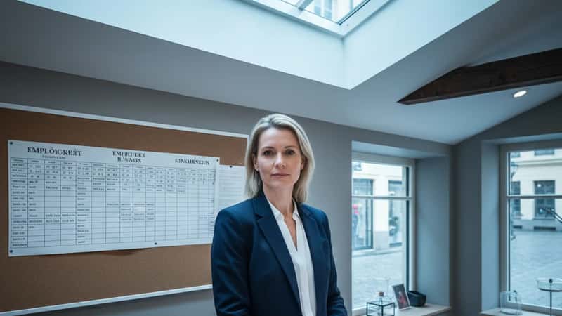 HR-chef vid butikskontor i Uppsala med schema på anslagstavlan och anställningsavtal på disken