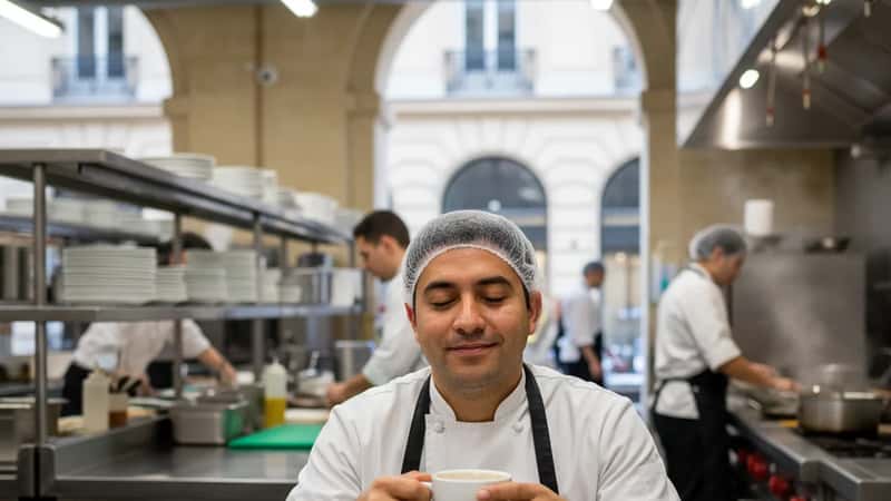 Denver restaurant kitchen worker taking a mandatory paid 10-minute rest break, seated at prep table with coffee cup, industrial kitchen setting