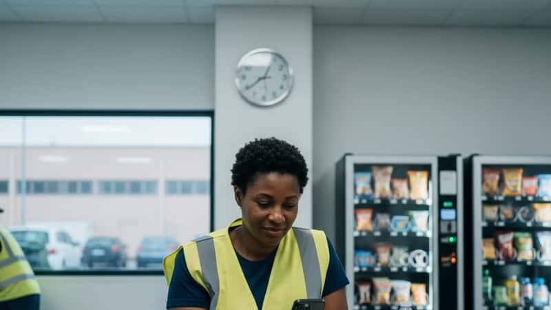 Manufacturing plant worker in Pueblo Colorado on authorized meal break in break room, clock on wall showing lunchtime, vending machines in background