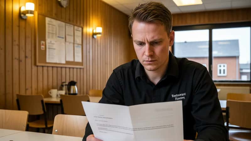 Restaurantansat i Esbjerg læser en opsigelse med fagforeningskort og ansættelsesbevis på bordet