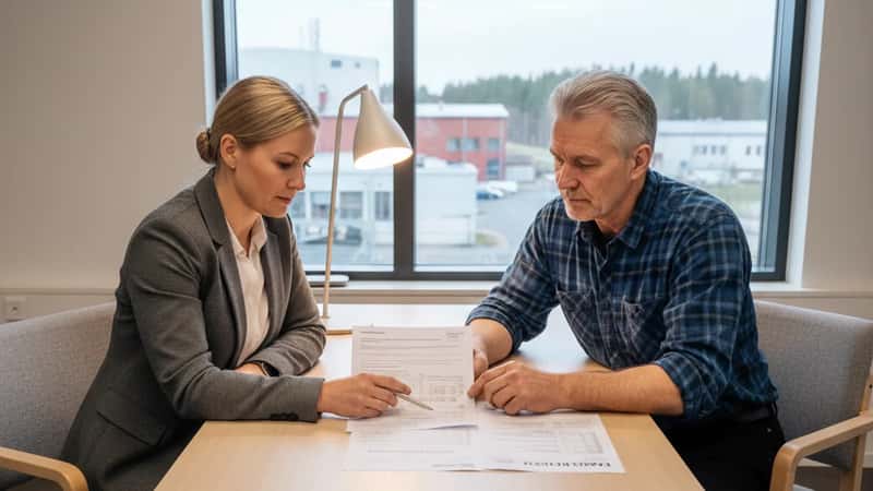 HR-asiantuntija selittää eläkelaskelmaa paperiteollisuuden pitkäaikaiselle työntekijälle toimistossa Oulussa