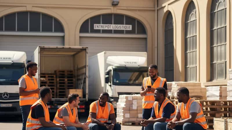 Diverse California warehouse workers in orange safety vests taking a paid rest break outside a San Fernando Valley loading dock