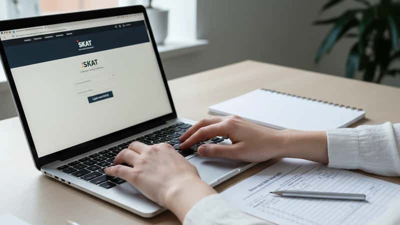 Scandinav kvinde taster på laptop med skat.dk åbent – befordringsfradrag 2026 opdateret i Aarhus