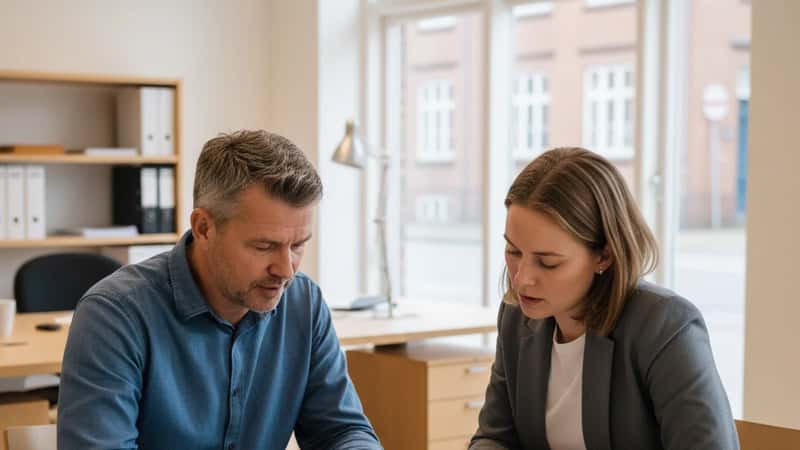 Dansk mand og kollega gennemgår ejendomsskat dokumenter i mødelokale i Odense