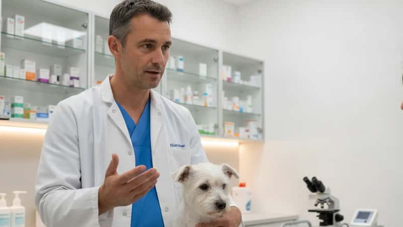 Vétérinaire en blouse blanche examinant un petit terrier blanc sur une table d'examen dans une clinique de Bordeaux, expliquant la procédure au propriétaire