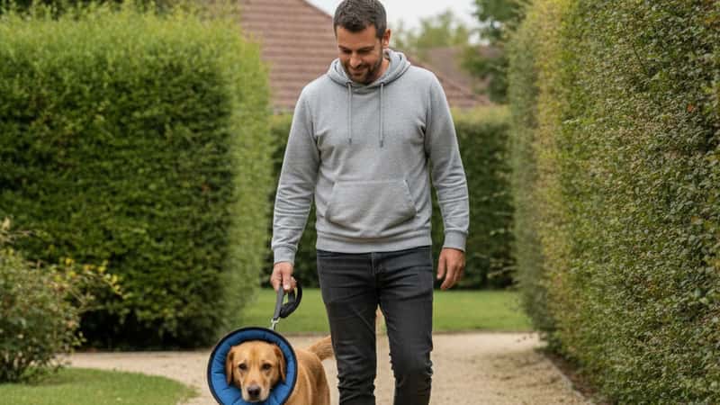 Homme promenant un chien golden portant un collier élisabéthain en tissu dans un jardin de banlieue toulousaine, surveillance attentive post-opératoire