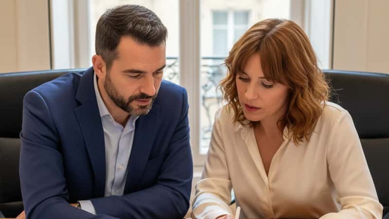 Deux professionnels de l'édition musicale discutant d'un contrat de licence dans un bureau parisien