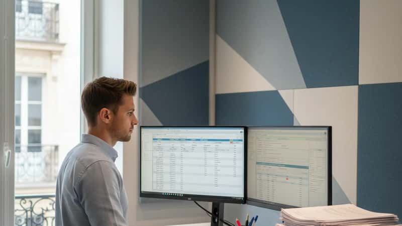 Cadre de l'édition musicale consultant un catalogue de droits sur ordinateur dans un bureau moderne à Lyon