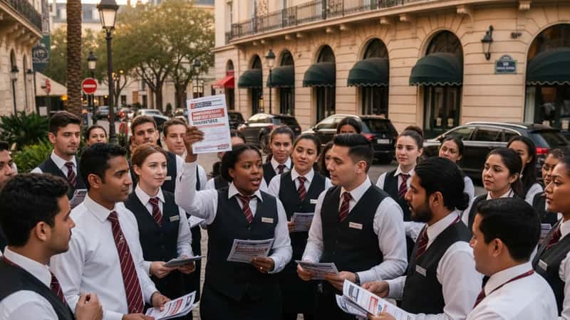 Union organizers distributing paid sick leave information to Florida hotel workers outside Orlando hotel