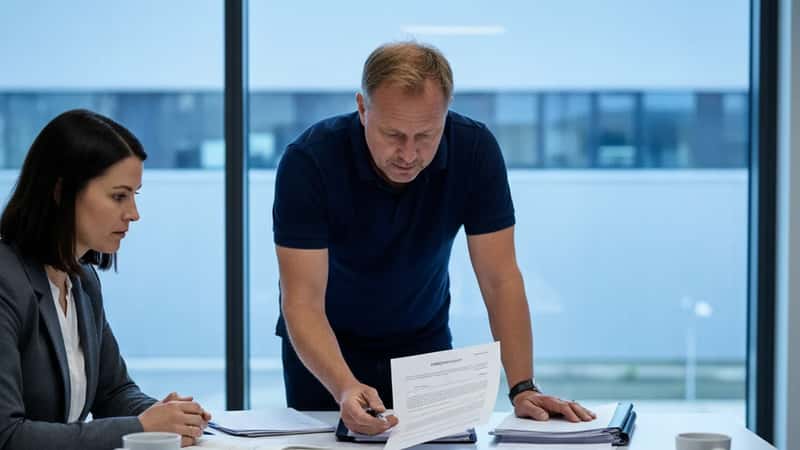 HR-medarbejder og funktionær i et mødelokale hos en industrivirksomhed i Kolding, der gennemgår ansættelseskontrakt ved et hvidt bord med dokumenter spredt ud