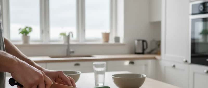 Friske grøntsager skæres på et skærebræt i et skandinavisk køkken med naturligt dagslys