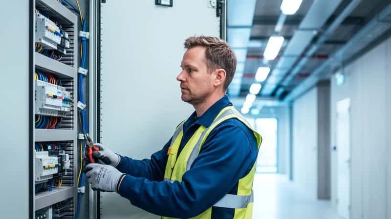 Norsk elektriker i gul sikkerhetsvest arbeider på et elektrisk panel i et kontorbygg i Bergen