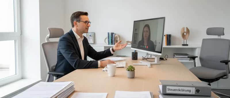 Steuerberater berät einen Mandanten per Videoanruf in einem modernen Büro mit Steuerunterlagen auf dem Schreibtisch
