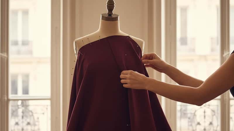 Mains d'une couturière épinglant un tissu bordeaux sur un mannequin dans un atelier parisien de couture
