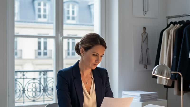 Responsable RH dans une entreprise de mode parisienne consultant les documents de convention collective sur son bureau