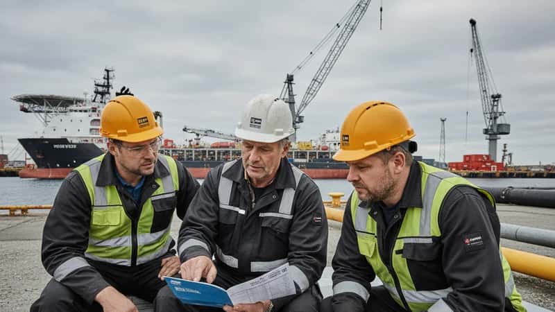 Oljeservicearbeidere på forsyningskai i Stavanger gjennomgår lønnstabeller fra tariffavtalen under en pause i arbeidet