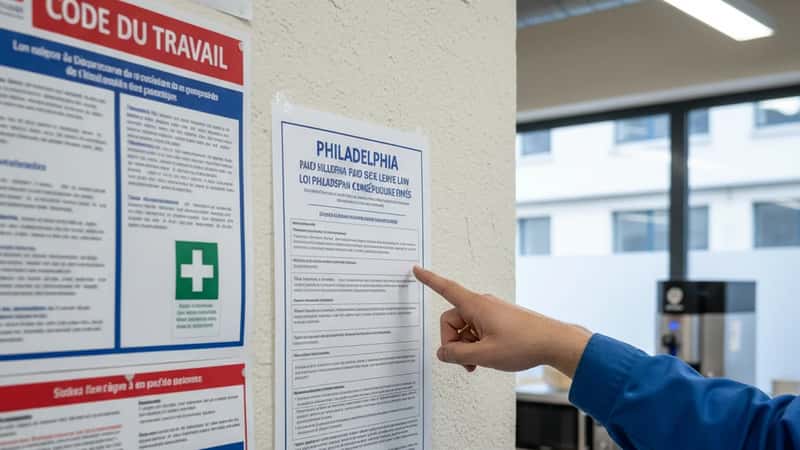 Philadelphia Paid Sick Leave Law notice posted on workplace break room wall with compliance posters