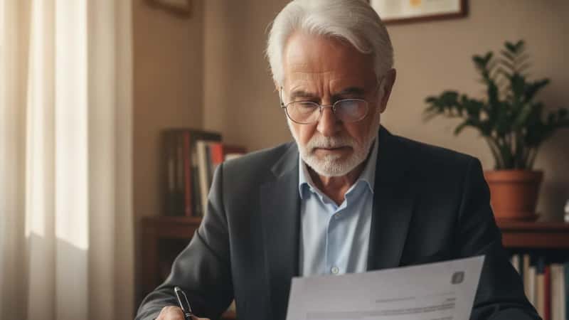 Un homme de 70 ans examine attentivement un contrat d'assurance-vie dans un bureau de conseiller patrimonial à Bordeaux