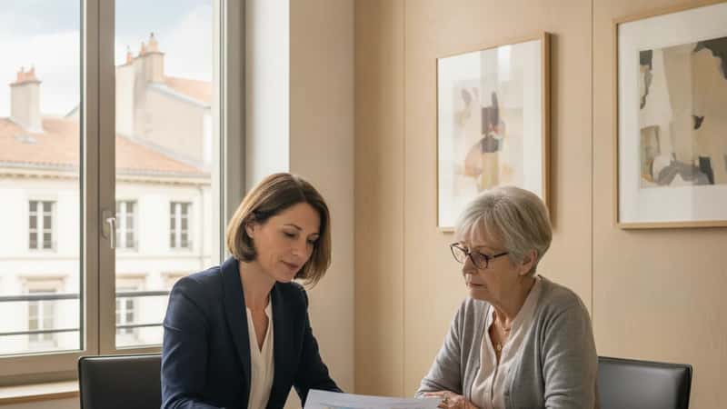 Une conseillère en gestion de patrimoine à Lyon explique un tableau de planification successorale à une cliente âgée dans un bureau moderne