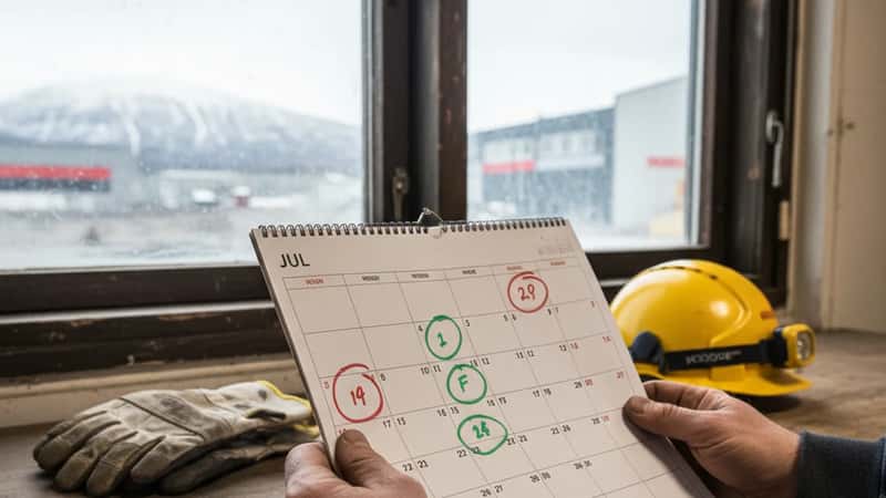 Norsk bygningsarbeider holder feriekalender med markerte fridager på byggeplass i Tromsø