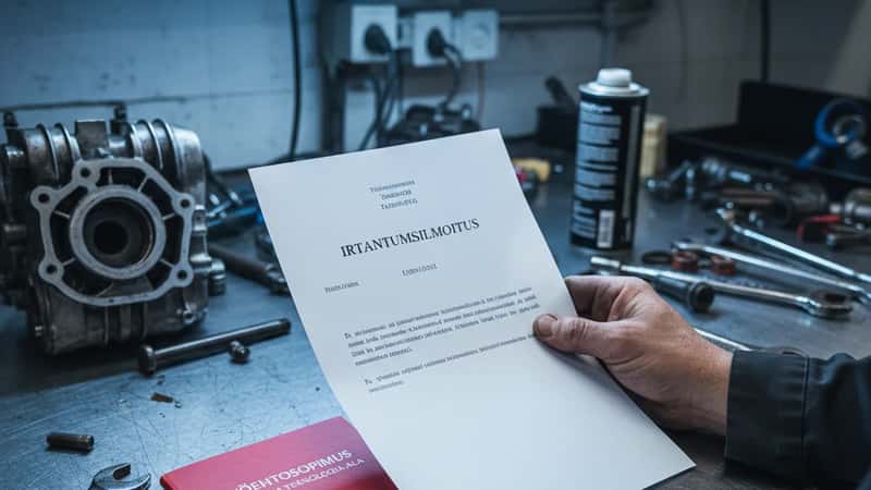 Suomalaisen mekaanikon käsi pitää irtisanomisilmoitusta vierekkäin TES-sopimuskirjan kanssa Tampereella