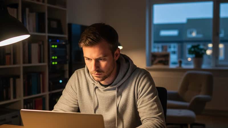 Dansk IT-specialist gennemgår overarbejdsregistrering sent om aftenen i Aalborg