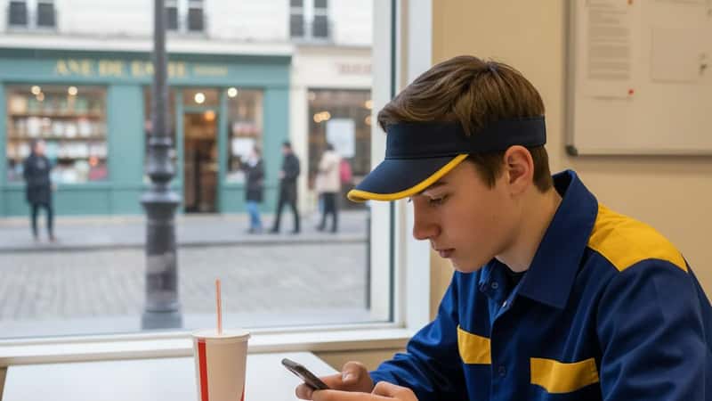 15-year-old fast food worker in Kansas City Missouri taking a mandatory 30-minute break required by Missouri child labor law